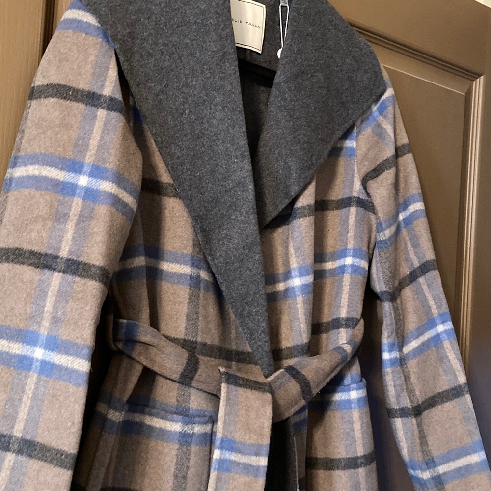Elie Tahari Cathedral/Mirage Blue Wallace Plaid Long Belted Coat NWT - Picture 2 of 6